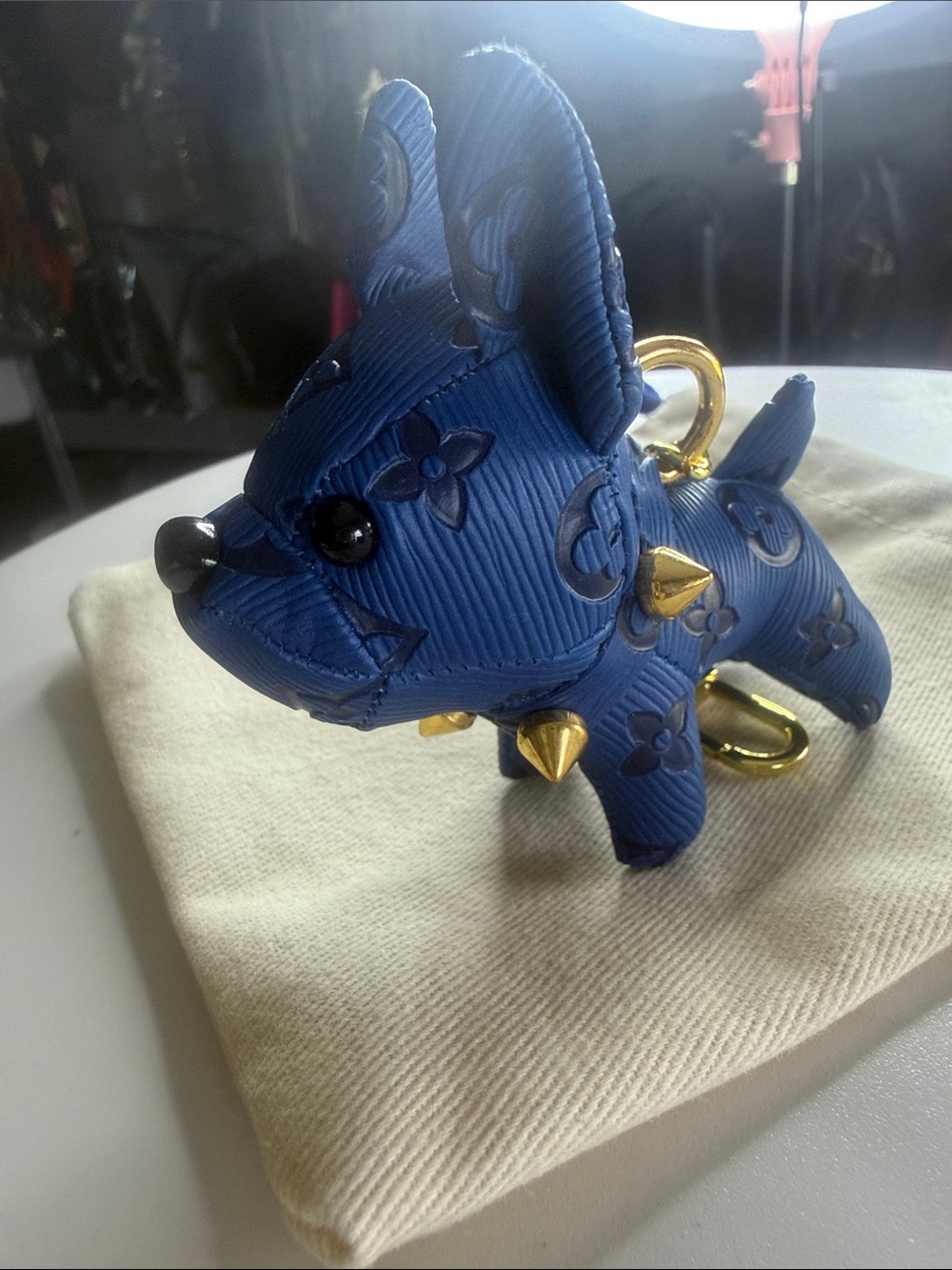 Mini Designer-Style Blue Puppy Keychain with Gold Studs